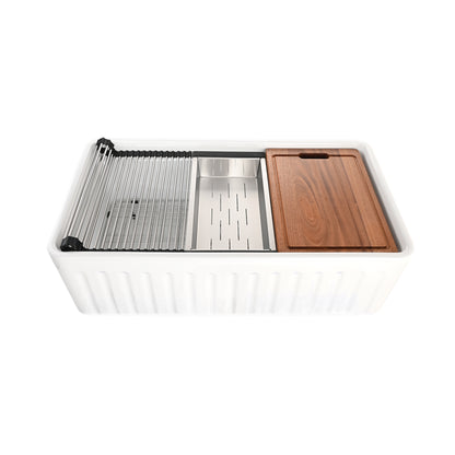 CK-002-33 33 in. Farmhouse Apron Single Bowl Ceramic Kitchen Sink Workstation with Grid, Strainer, Colander, Rack, Cutting Board