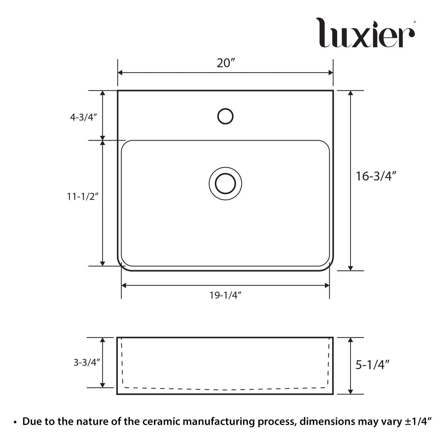 CS-033-GW Rectangular 20 in. Bathroom Ceramic Vessel Sink Art Basin in White
