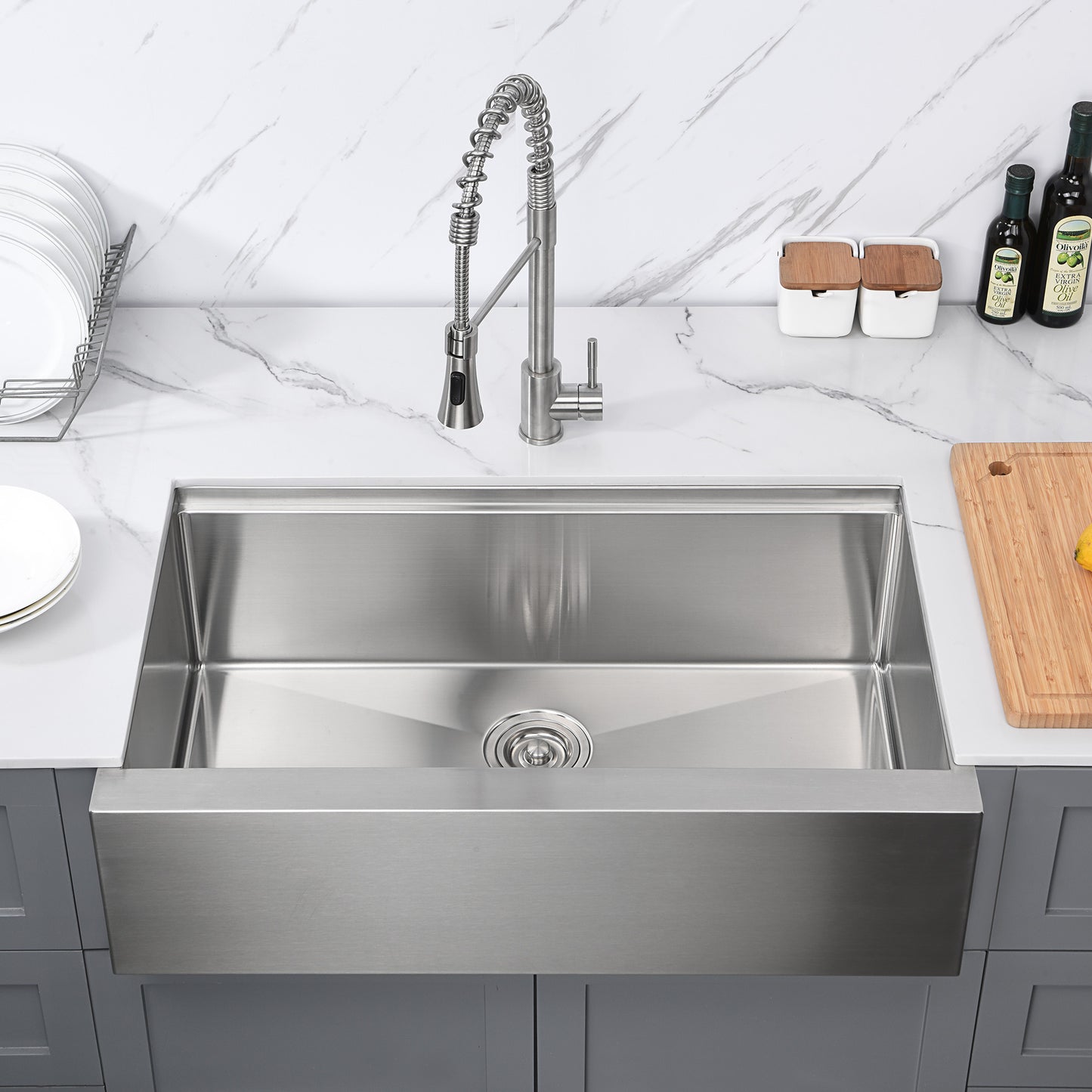 DFS36-16R Farmhouse Apron-Front 16-Gauge Stainless Steel 36 in. Single Bowl Workstation Kitchen Sink with Accessories