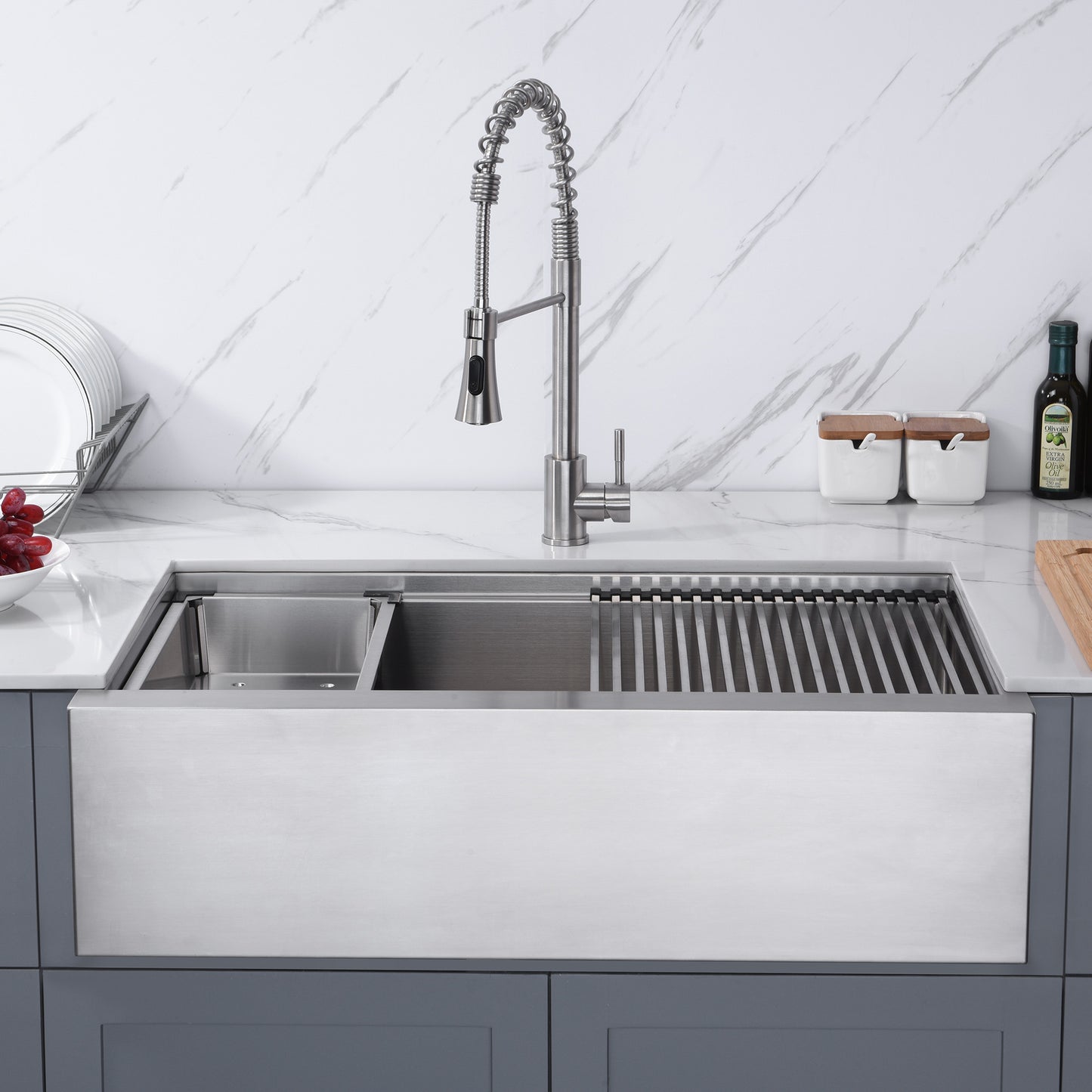 DFS36-16R Farmhouse Apron-Front 16-Gauge Stainless Steel 36 in. Single Bowl Workstation Kitchen Sink with Accessories