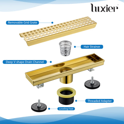FD01-12-TG 12 in. Stainless Steel Linear Shower Drain with Square Pattern Drain Cover in Brushed Gold