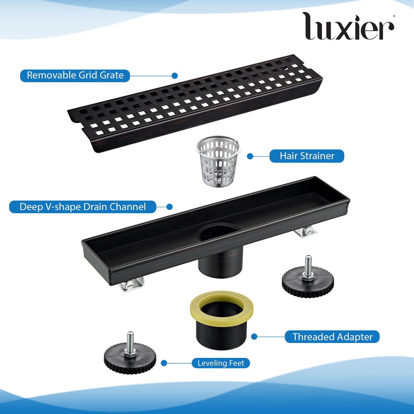 FD01-12-TO 12 in. Stainless Steel Linear Shower Drain with Square Pattern Drain Cover in Oil Rubbed Bronze