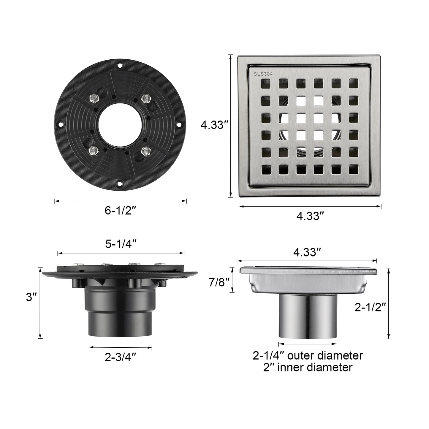 FD01-4-TB 4 in. x 4 in. Stainless Steel Square Shower Floor Drain in Stainless Steel