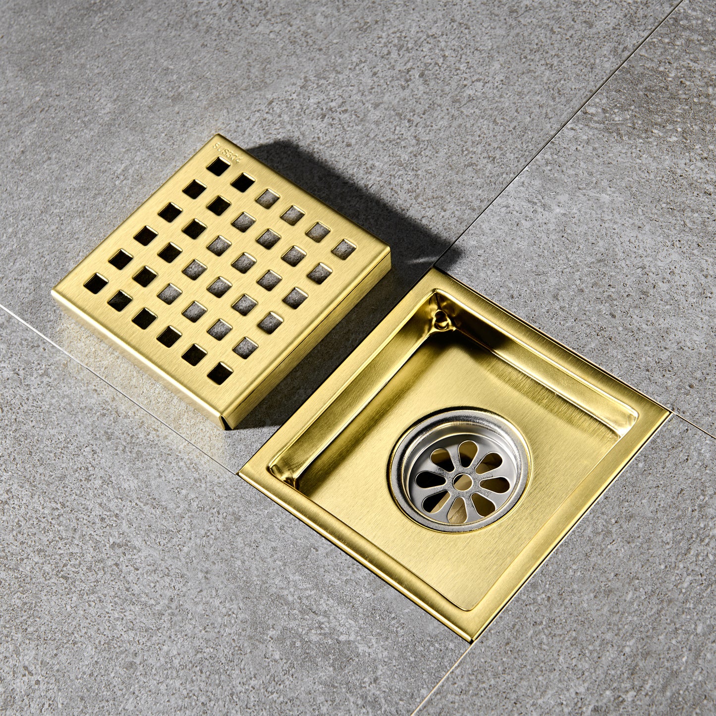 FD01-4-TG 4 in. x 4 in. Stainless Steel Square Shower Floor Drain in Brushed Gold