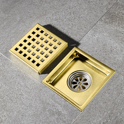 FD01-4-TG 4 in. x 4 in. Stainless Steel Square Shower Floor Drain in Brushed Gold