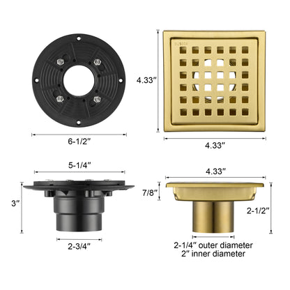 FD01-4-TG 4 in. x 4 in. Stainless Steel Square Shower Floor Drain in Brushed Gold
