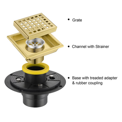FD01-4-TG 4 in. x 4 in. Stainless Steel Square Shower Floor Drain in Brushed Gold