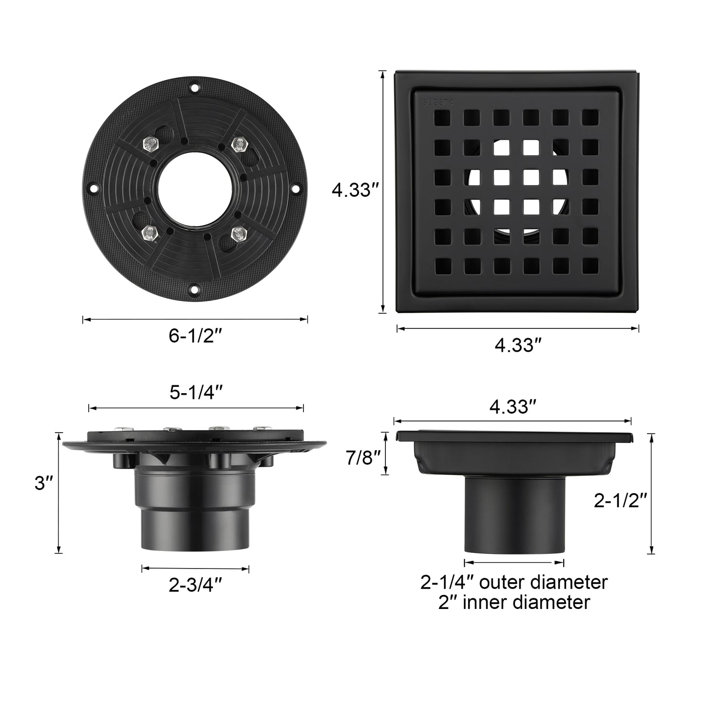 FD01-4-TM 4 in. x 4 in. Stainless Steel Square Shower Floor Drain in Matte Black