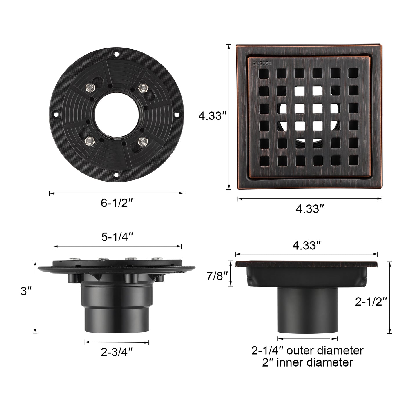 FD01-4-TO 4 in. x 4 in. Stainless Steel Square Shower Floor Drain in Oil Rubbed Bronze
