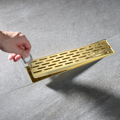 FD02-12-TG 12 in. Stainless Steel Linear Shower Drain with Square Pattern Drain Cover in Brushed Gold
