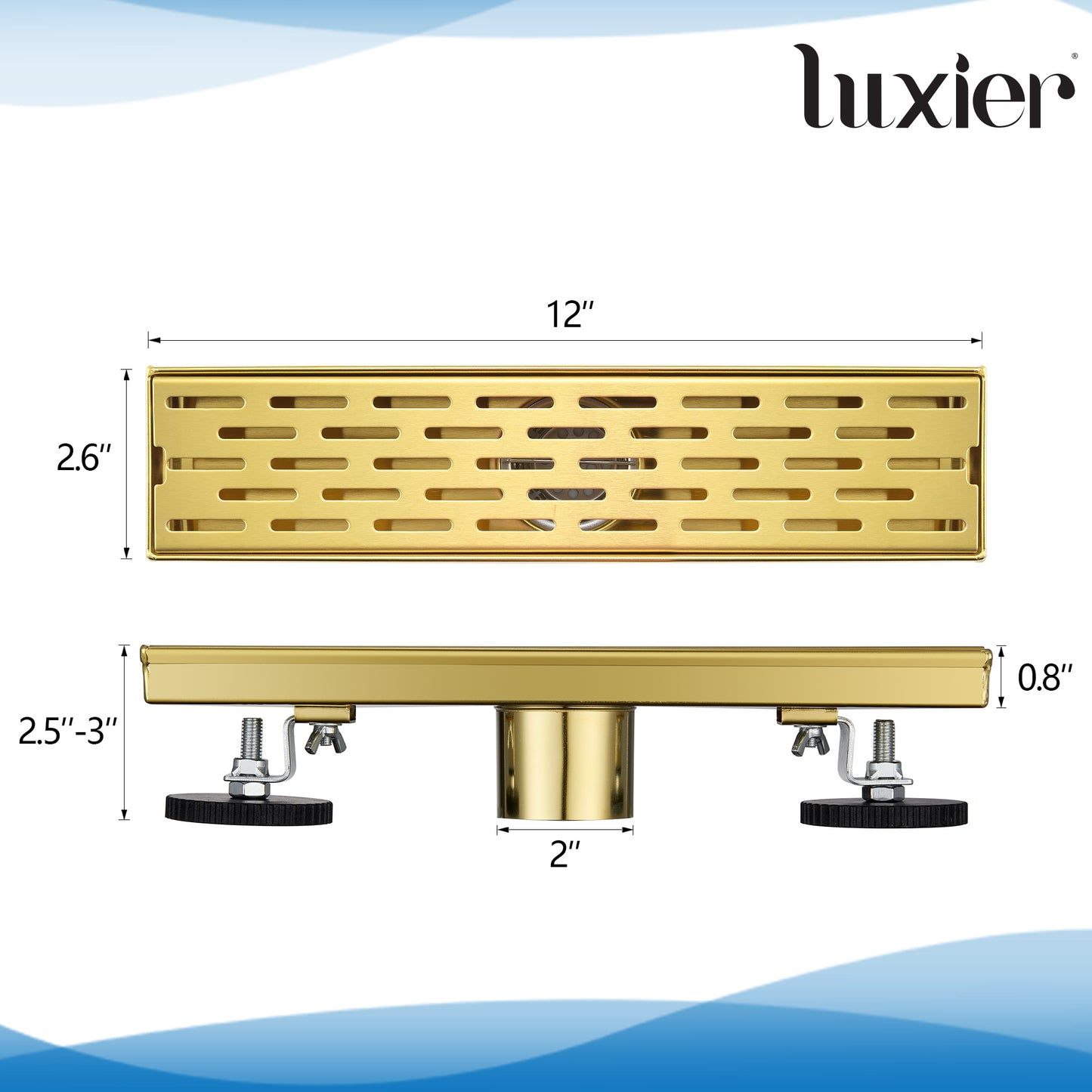 FD02-12-TG 12 in. Stainless Steel Linear Shower Drain with Square Pattern Drain Cover in Brushed Gold