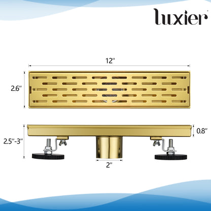 FD02-12-TG 12 in. Stainless Steel Linear Shower Drain with Square Pattern Drain Cover in Brushed Gold