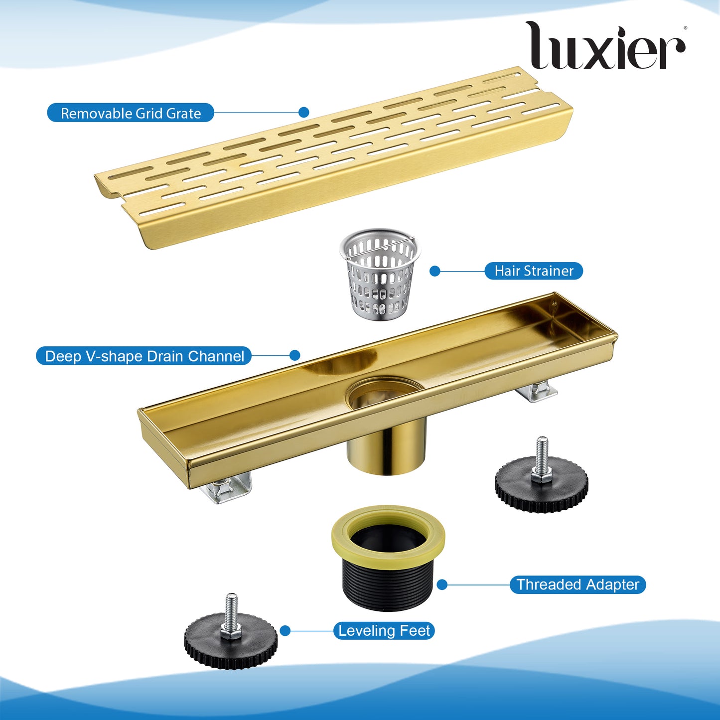 FD02-12-TG 12 in. Stainless Steel Linear Shower Drain with Square Pattern Drain Cover in Brushed Gold