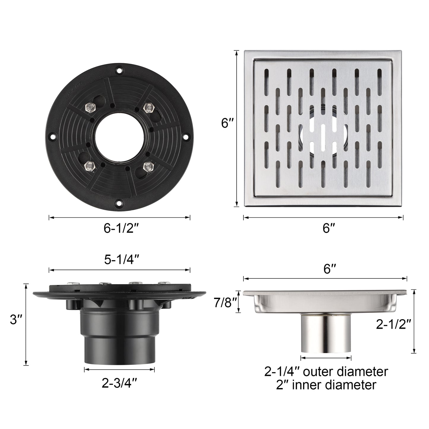 FD02-6-TB 6 in. x 6 in. Stainless Steel Square Shower Floor Drain in Stainless Steel
