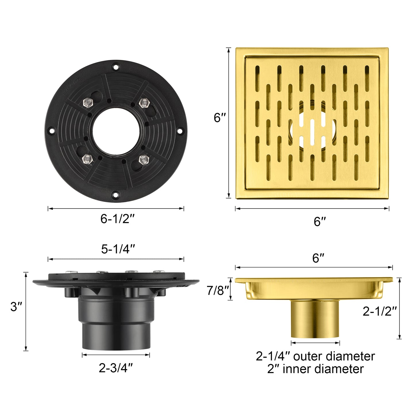 FD02-6-TG 6 in. x 6 in. Stainless Steel Square Shower Floor Drain in Brushed Gold