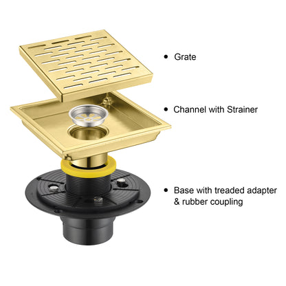 FD02-6-TG 6 in. x 6 in. Stainless Steel Square Shower Floor Drain in Brushed Gold