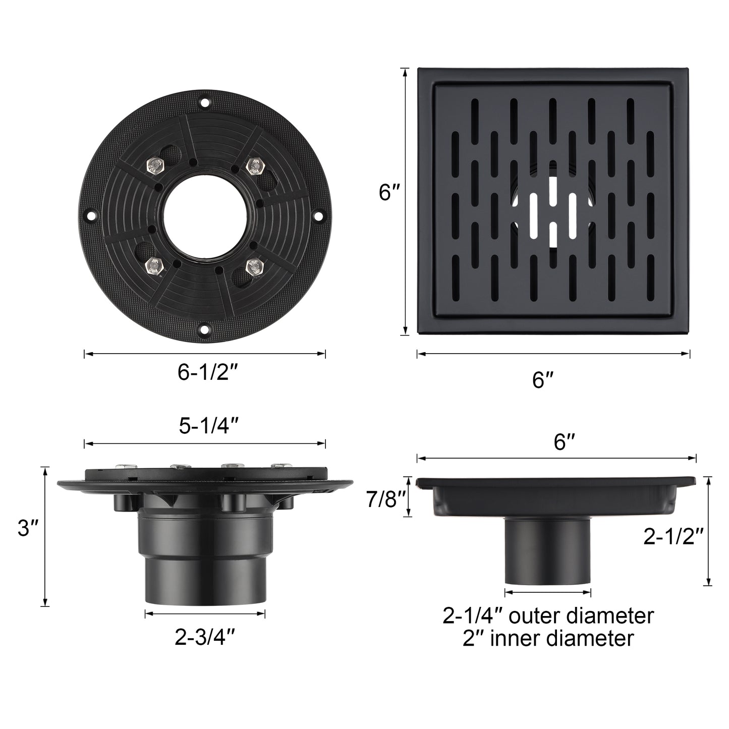 FD02-6-TM 6 in. x 6 in. Stainless Steel Square Shower Floor Drain in Matte Black