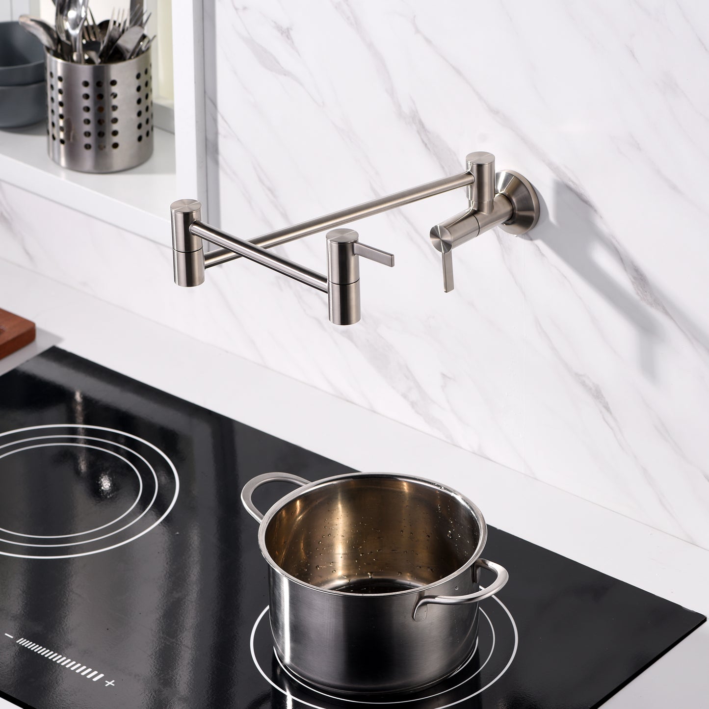 KTS17-TB Contemporary 2-Handle Wall-Mounted Pot Filler in Brushed Nickel