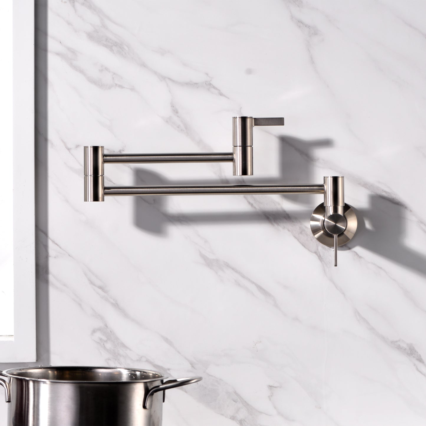 KTS17-TB Contemporary 2-Handle Wall-Mounted Pot Filler in Brushed Nickel
